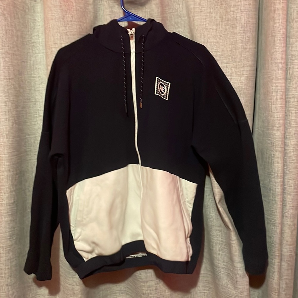 navy and white zip hoodie